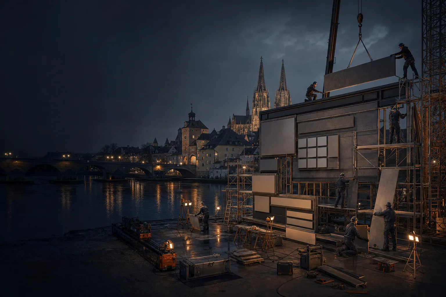 Eine modulare Unternehmenswebsite wird vor der abendlichen Silhouette von Regensburg aufgebaut